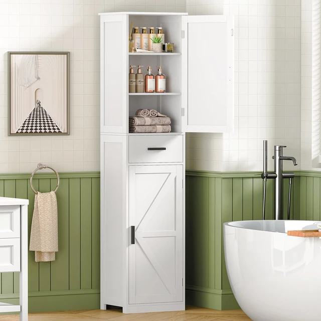 Alt view image 4 of 7 - Tall Bathroom Cabinet, Storage Cabinet with 6 Shelves & Drawer, Bathroom Storage Cabinet with Adjustable Shelves, Tall Cabinet for Living Room, Home Office, White