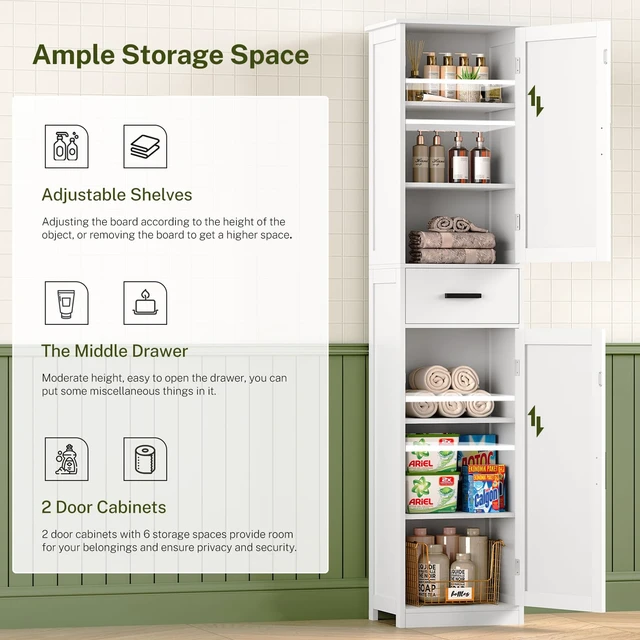 Alt view image 5 of 7 - Tall Bathroom Cabinet, Storage Cabinet with 6 Shelves & Drawer, Bathroom Storage Cabinet with Adjustable Shelves, Tall Cabinet for Living Room, Home Office, White