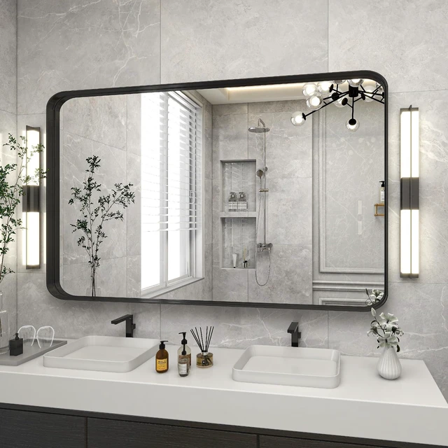 Alt view image 6 of 7 - Bathroom Mirror 30"x48", Black Gorgeous Deep Frame Wall Mirror | Modern Round Corners Bathroom Vanity Mirror over Sink, Hanging or Leaning Horizontally or Vertically for Bedroom, Living Room