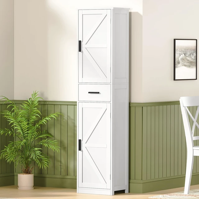 Alt view image 6 of 7 - Tall Bathroom Cabinet, Storage Cabinet with 6 Shelves & Drawer, Bathroom Storage Cabinet with Adjustable Shelves, Tall Cabinet for Living Room, Home Office, White