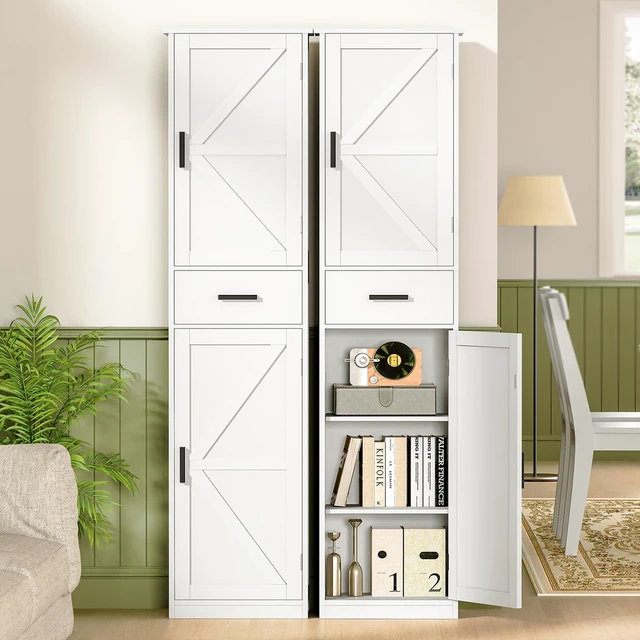 Alt view image 2 of 7 - Tall Bathroom Cabinet, Storage Cabinet with 6 Shelves & Drawer, Bathroom Storage Cabinet with Adjustable Shelves, Tall Cabinet for Living Room, Home Office, White
