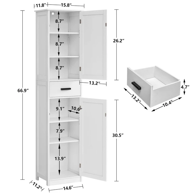 Alt view image 3 of 7 - Tall Bathroom Cabinet, Storage Cabinet with 6 Shelves & Drawer, Bathroom Storage Cabinet with Adjustable Shelves, Tall Cabinet for Living Room, Home Office, White