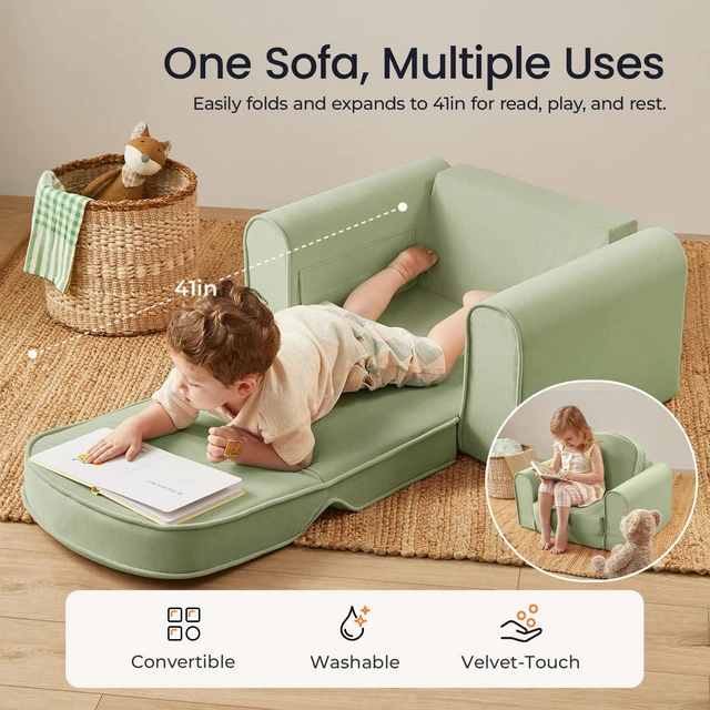 Alt view image 2 of 6 - 2-in-1 Foldable Kids Couch with Pocket Soft Thick Toddler Sofa | Convertible Kids Chair for Playroom, Bedroom or Living Room, Cozy & Comfortable, Ideal Gift for Boys & Girls,Green