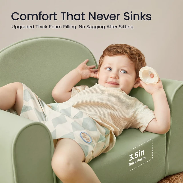 Alt view image 3 of 6 - 2-in-1 Foldable Kids Couch with Pocket Soft Thick Toddler Sofa | Convertible Kids Chair for Playroom, Bedroom or Living Room, Cozy & Comfortable, Ideal Gift for Boys & Girls,Green