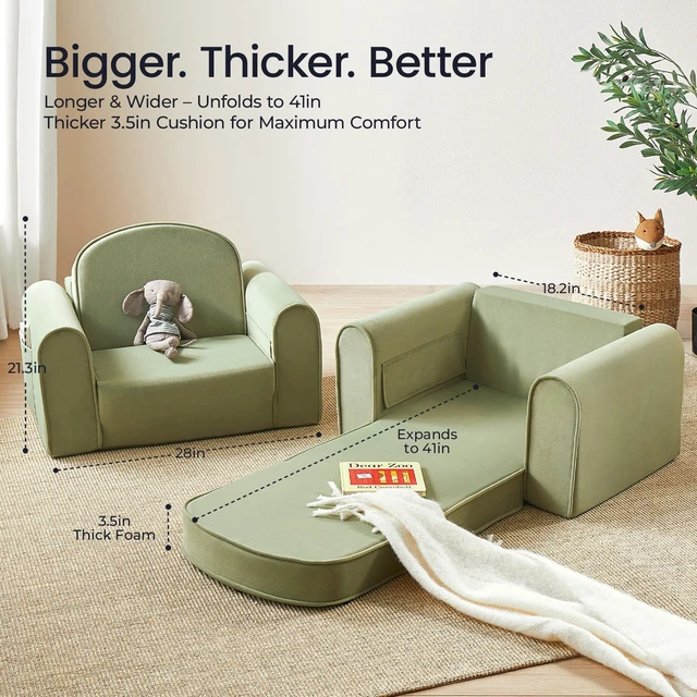 Alt view image 4 of 6 - 2-in-1 Foldable Kids Couch with Pocket Soft Thick Toddler Sofa | Convertible Kids Chair for Playroom, Bedroom or Living Room, Cozy & Comfortable, Ideal Gift for Boys & Girls,Green