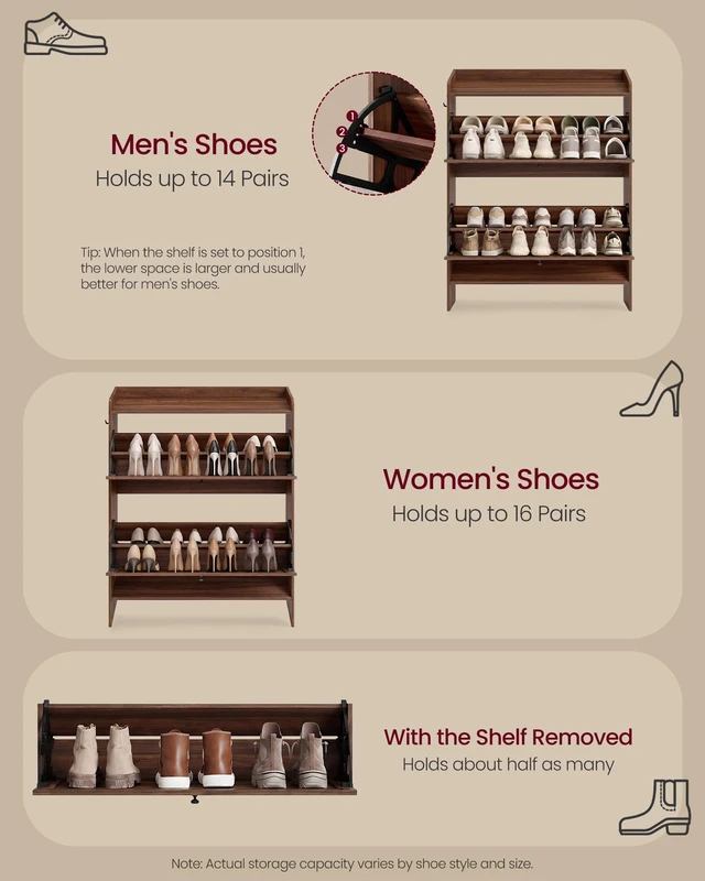 Alt view image 3 of 5 - Narrow Shoe Storage Cabinet Organizer with 2 Flip Drawers | Freestanding Shoe Rack, Fits 14 to 16 Pairs, for Entryway, Farmhouse Style, Chestnut Brown, HAINS Collection UHSC203KX01S