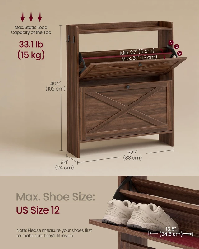 Alt view image 4 of 5 - Narrow Shoe Storage Cabinet Organizer with 2 Flip Drawers | Freestanding Shoe Rack, Fits 14 to 16 Pairs, for Entryway, Farmhouse Style, Chestnut Brown, HAINS Collection UHSC203KX01S