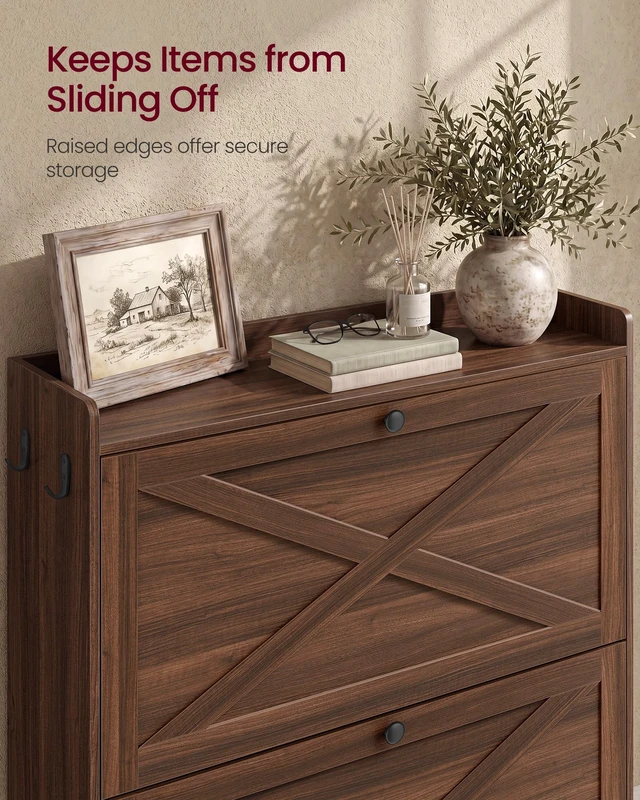 Alt view image 5 of 5 - Narrow Shoe Storage Cabinet Organizer with 2 Flip Drawers | Freestanding Shoe Rack, Fits 14 to 16 Pairs, for Entryway, Farmhouse Style, Chestnut Brown, HAINS Collection UHSC203KX01S