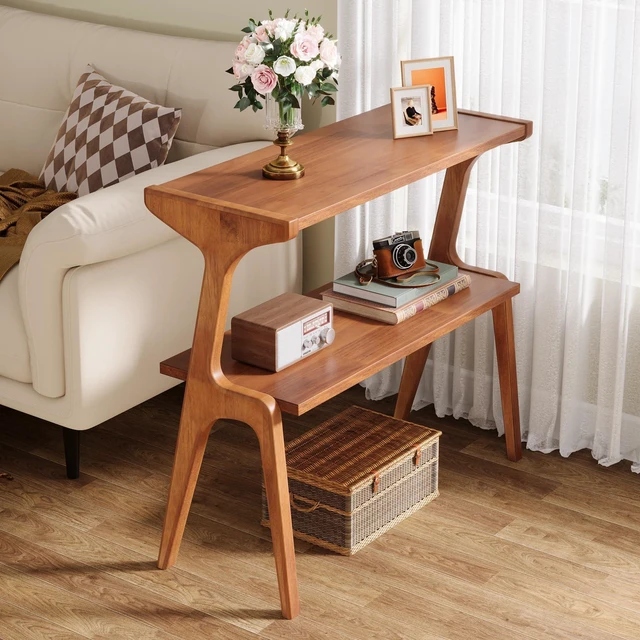 Main image of Solid Wood End Table, Modern Side Table for Couch, 2-Tier Narrow Tall End Table, Long Bedside Table for Living Room, Bedroom, Walnut