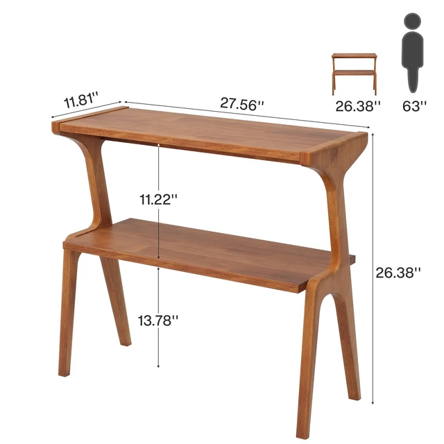 Alt view image 2 of 7 - Solid Wood End Table, Modern Side Table for Couch, 2-Tier Narrow Tall End Table, Long Bedside Table for Living Room, Bedroom, Walnut