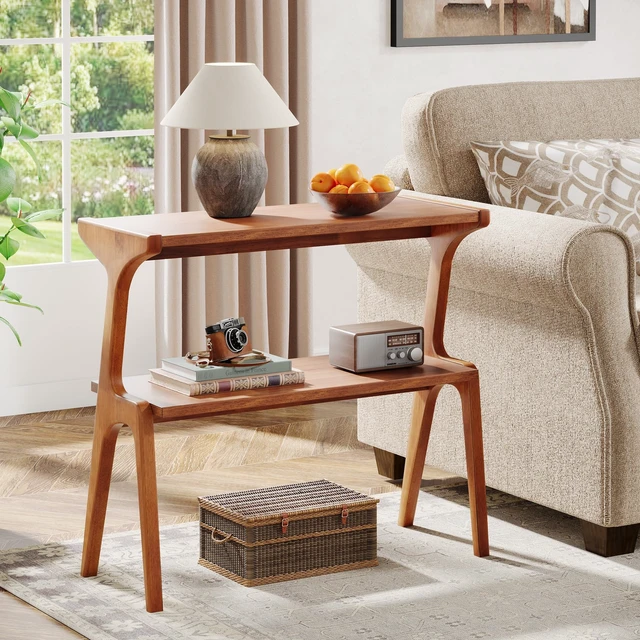 Alt view image 3 of 7 - Solid Wood End Table, Modern Side Table for Couch, 2-Tier Narrow Tall End Table, Long Bedside Table for Living Room, Bedroom, Walnut
