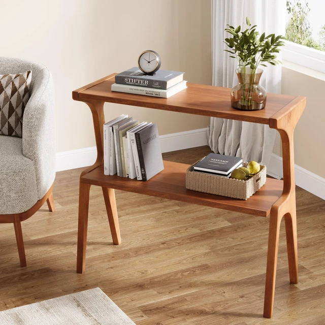 Alt view image 4 of 7 - Solid Wood End Table, Modern Side Table for Couch, 2-Tier Narrow Tall End Table, Long Bedside Table for Living Room, Bedroom, Walnut