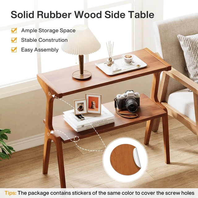 Alt view image 6 of 7 - Solid Wood End Table, Modern Side Table for Couch, 2-Tier Narrow Tall End Table, Long Bedside Table for Living Room, Bedroom, Walnut