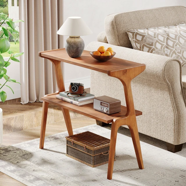 Alt view image 5 of 7 - Solid Wood End Table, Modern Side Table for Couch, 2-Tier Narrow Tall End Table, Long Bedside Table for Living Room, Bedroom, Walnut