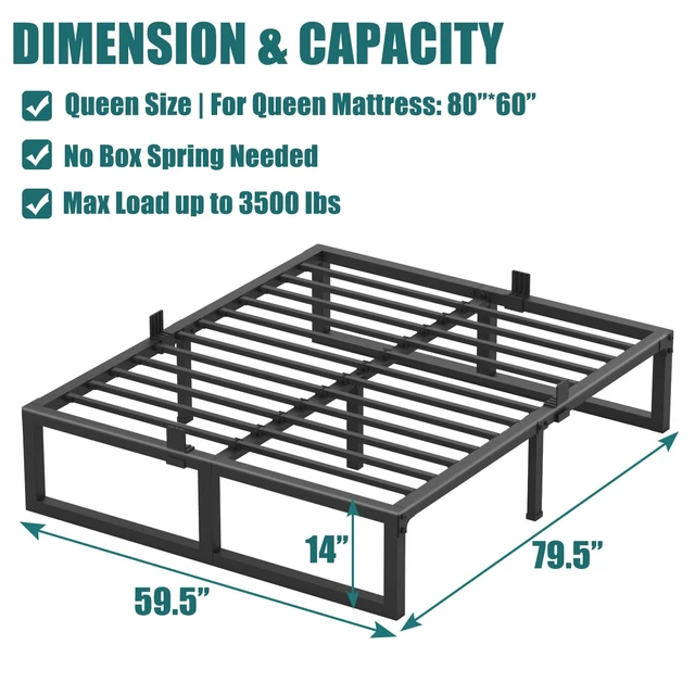 Alt view image 3 of 6 - 14 Inch Queen Bed Frame,3500 lbs Heavy Duty Metal Platform, Steel Slats Support/No Box Spring Needed/Noise Free/Non-Slip/Easy Assembly