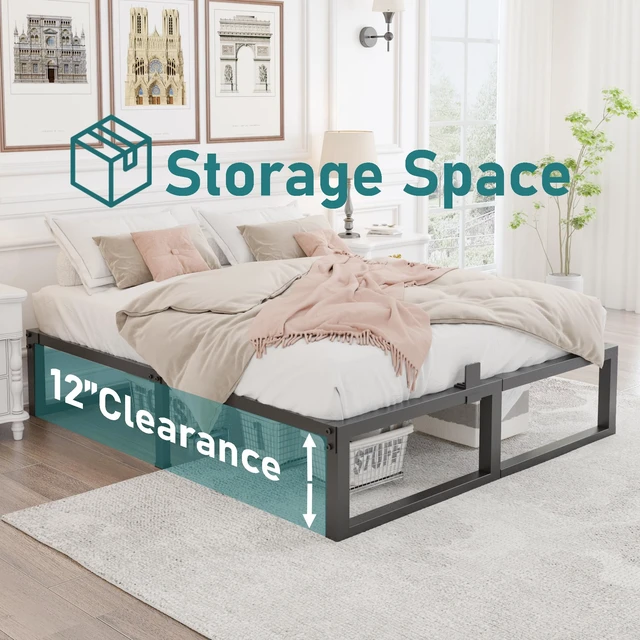 Alt view image 4 of 6 - 14 Inch Queen Bed Frame,3500 lbs Heavy Duty Metal Platform, Steel Slats Support/No Box Spring Needed/Noise Free/Non-Slip/Easy Assembly