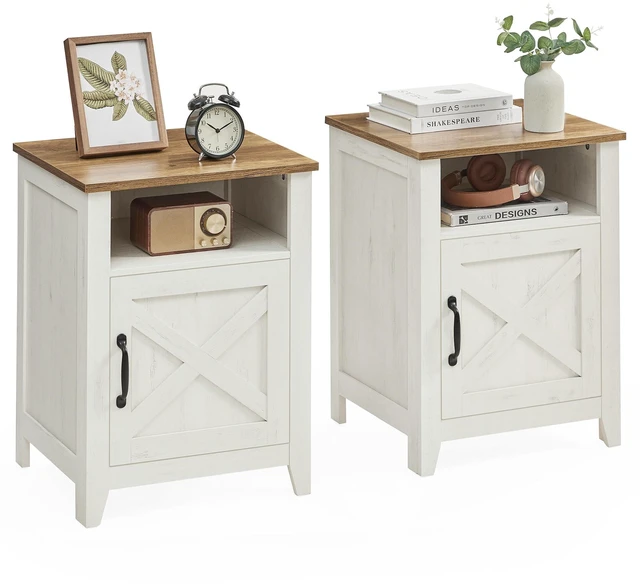 Main image of Farmhouse Nightstand with Barn Door, Bedside Table, Set of 2 | Side End Table with Storage, Set of 2, Open Compartment, Rustic White and Honey Brown, LIRY Collection ULET809K41