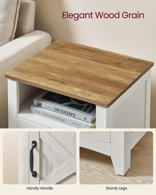 Alt view image 5 of 6 - Farmhouse Nightstand with Barn Door, Bedside Table, Set of 2 | Side End Table with Storage, Set of 2, Open Compartment, Rustic White and Honey Brown, LIRY Collection ULET809K41