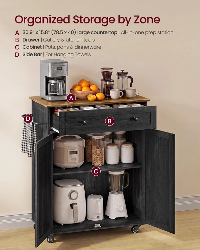 Alt view image 2 of 6 - Mobile Kitchen Wooden Island Cart with Storage for Dining Room | Portable Mobile Cart on Wheels , 15.8 x 30.9 x 35.1 Inches, Black and Honey Brown, SIREN Collection UKKI009BA01S