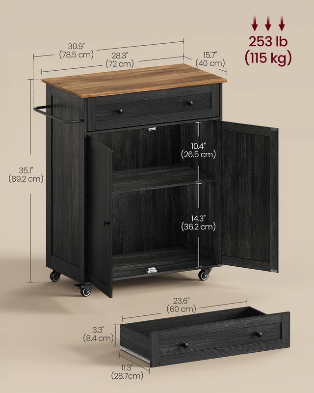 Alt view image 5 of 6 - Mobile Kitchen Wooden Island Cart with Storage for Dining Room | Portable Mobile Cart on Wheels , 15.8 x 30.9 x 35.1 Inches, Black and Honey Brown, SIREN Collection UKKI009BA01S