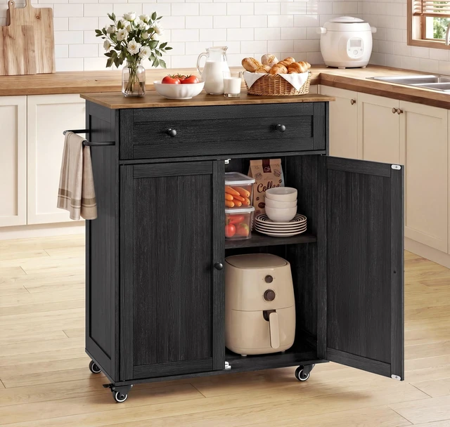 Main image of Mobile Kitchen Wooden Island Cart with Storage for Dining Room | Portable Mobile Cart on Wheels , 15.8 x 30.9 x 35.1 Inches, Black and Honey Brown, SIREN Collection UKKI009BA01S