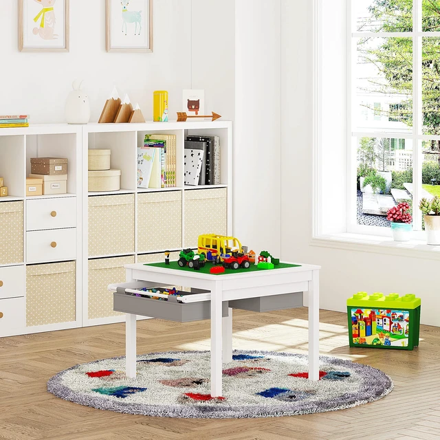 Alt view image 2 of 7 - 2 in 1 Kids Construction Play Table with Drawers Compatible with Lego | Wooden Kids Building & Activity Table with Pull-Out Fabric Drawer, Reversible Tabletop, Water-based Paint, Smooth Edges