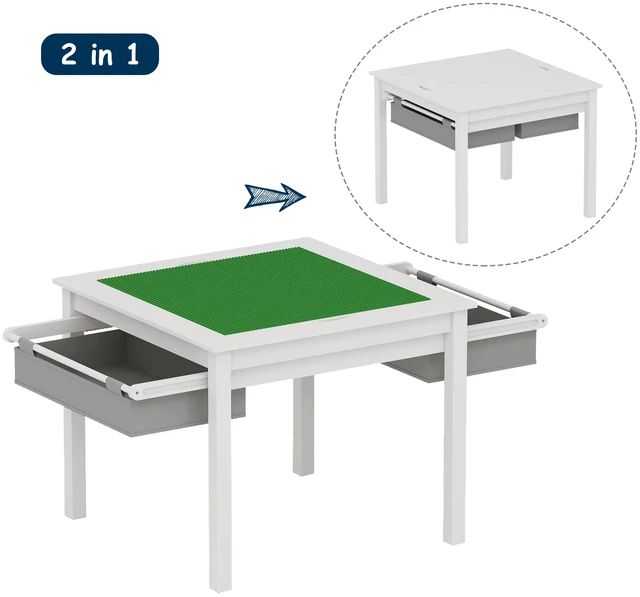 Alt view image 4 of 7 - 2 in 1 Kids Construction Play Table with Drawers Compatible with Lego | Wooden Kids Building & Activity Table with Pull-Out Fabric Drawer, Reversible Tabletop, Water-based Paint, Smooth Edges