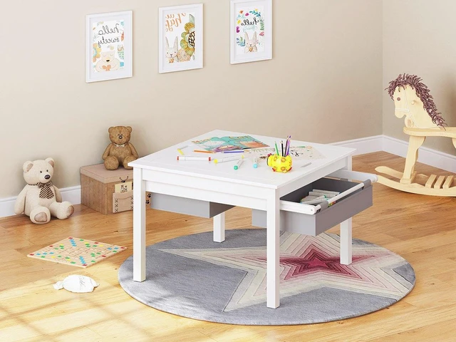 Alt view image 7 of 7 - 2 in 1 Kids Construction Play Table with Drawers Compatible with Lego | Wooden Kids Building & Activity Table with Pull-Out Fabric Drawer, Reversible Tabletop, Water-based Paint, Smooth Edges
