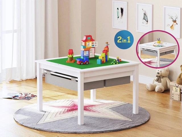 Alt view image 3 of 7 - 2 in 1 Kids Construction Play Table with Drawers Compatible with Lego | Wooden Kids Building & Activity Table with Pull-Out Fabric Drawer, Reversible Tabletop, Water-based Paint, Smooth Edges