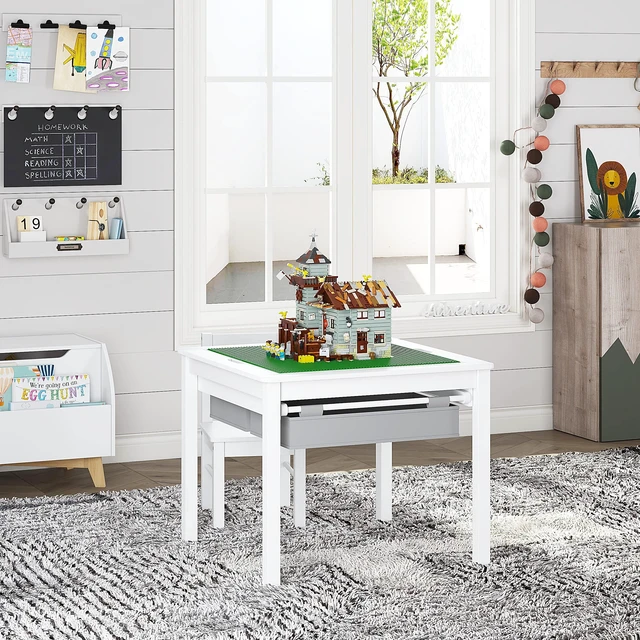 Alt view image 5 of 7 - 2 in 1 Kids Construction Play Table with Drawers Compatible with Lego | Wooden Kids Building & Activity Table with Pull-Out Fabric Drawer, Reversible Tabletop, Water-based Paint, Smooth Edges