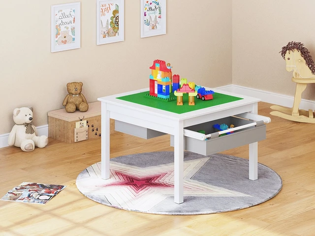 Alt view image 6 of 7 - 2 in 1 Kids Construction Play Table with Drawers Compatible with Lego | Wooden Kids Building & Activity Table with Pull-Out Fabric Drawer, Reversible Tabletop, Water-based Paint, Smooth Edges