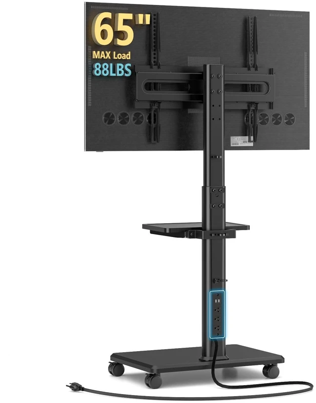 Main image of Mobile TV Stand with Power Outlets&Shelf, Floor Portable TV Stand with Wheels for 27-65Inch LCD LED OLED Flat/Curved Panel Screen, Swivel,Height Adjustable&Wood Base, RollingTV Cart Black