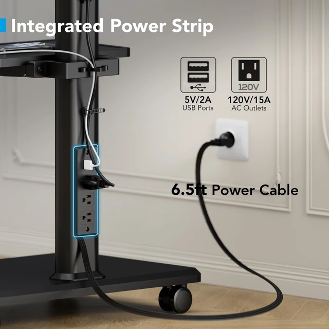 Alt view image 2 of 7 - Mobile TV Stand with Power Outlets&Shelf, Floor Portable TV Stand with Wheels for 27-65Inch LCD LED OLED Flat/Curved Panel Screen, Swivel,Height Adjustable&Wood Base, RollingTV Cart Black