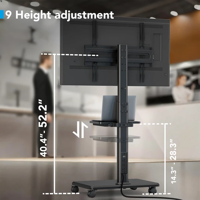 Alt view image 3 of 7 - Mobile TV Stand with Power Outlets&Shelf, Floor Portable TV Stand with Wheels for 27-65Inch LCD LED OLED Flat/Curved Panel Screen, Swivel,Height Adjustable&Wood Base, RollingTV Cart Black