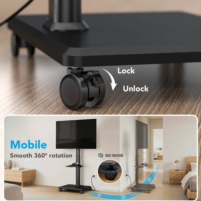 Alt view image 5 of 7 - Mobile TV Stand with Power Outlets&Shelf, Floor Portable TV Stand with Wheels for 27-65Inch LCD LED OLED Flat/Curved Panel Screen, Swivel,Height Adjustable&Wood Base, RollingTV Cart Black