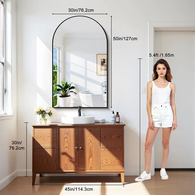 Alt view image 7 of 7 - Arched Wall Mirror, 30"x50" Black Arched Mirror for Bathroom | Tempered Glass, Metal Frame, Large Size for Living Room,Entryway,Over Sink, Arch Mirror for Decor, Shatterproof&Crystal-Clear