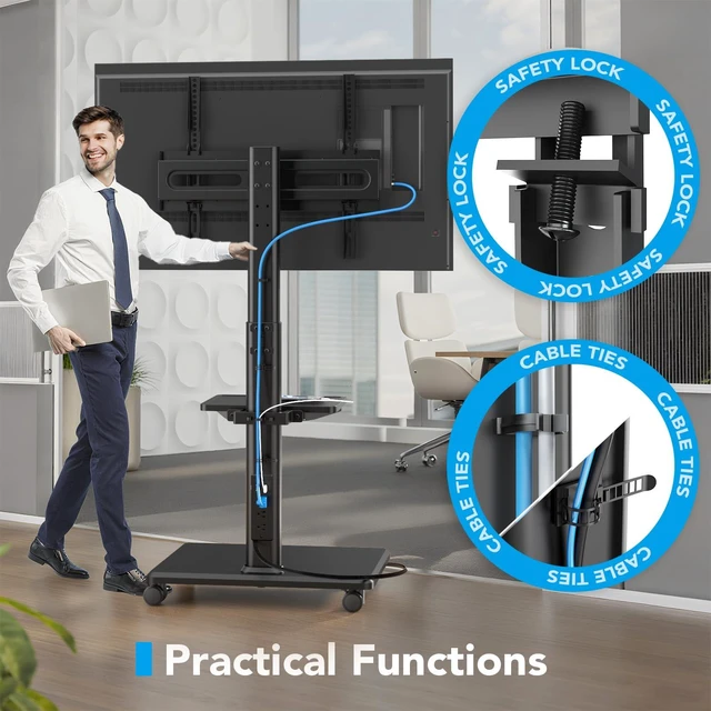 Alt view image 7 of 7 - Mobile TV Stand with Power Outlets&Shelf, Floor Portable TV Stand with Wheels for 27-65Inch LCD LED OLED Flat/Curved Panel Screen, Swivel,Height Adjustable&Wood Base, RollingTV Cart Black