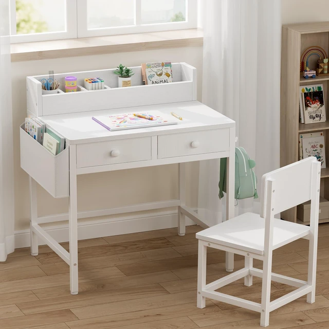 Alt view image 2 of 7 - White Kids Desk and Chair Set for 5-8 Year Old, Small Child Desk with Fabric Drawer, Children Study Table with Storage Toddler Girls Boys