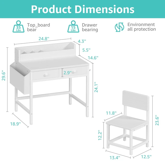 Alt view image 3 of 7 - White Kids Desk and Chair Set for 5-8 Year Old, Small Child Desk with Fabric Drawer, Children Study Table with Storage Toddler Girls Boys