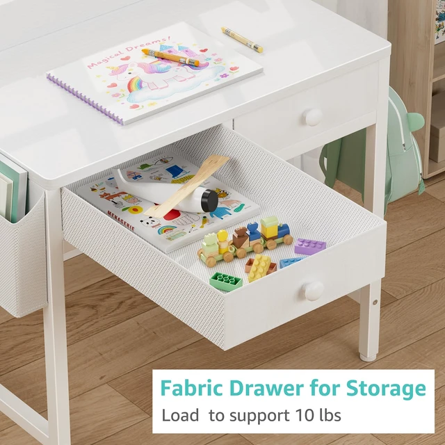 Alt view image 4 of 7 - White Kids Desk and Chair Set for 5-8 Year Old, Small Child Desk with Fabric Drawer, Children Study Table with Storage Toddler Girls Boys
