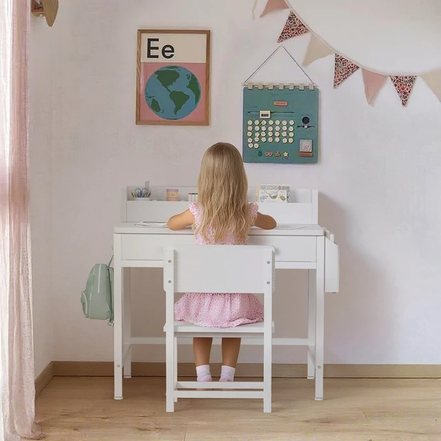 Alt view image 5 of 7 - White Kids Desk and Chair Set for 5-8 Year Old, Small Child Desk with Fabric Drawer, Children Study Table with Storage Toddler Girls Boys