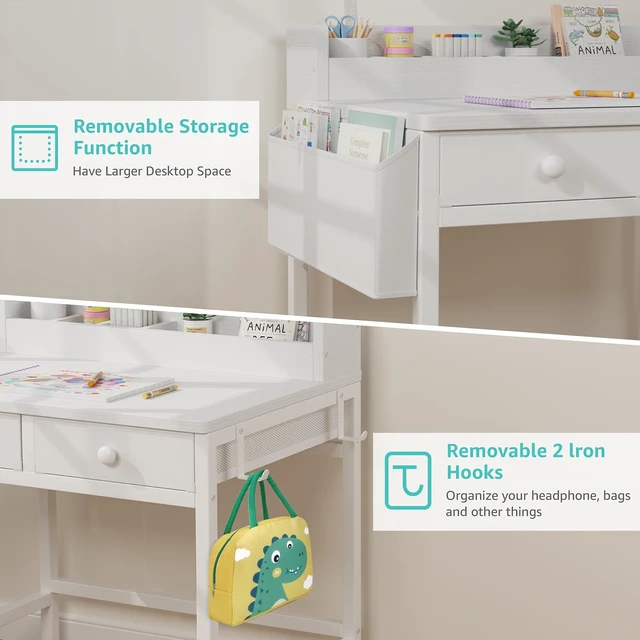 Alt view image 6 of 7 - White Kids Desk and Chair Set for 5-8 Year Old, Small Child Desk with Fabric Drawer, Children Study Table with Storage Toddler Girls Boys