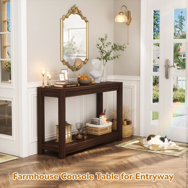 Alt view image 2 of 7 - Small Farmhouse Wood Entryway Table Narrow Console Table with Storage Behind Couch Sofa Table with Shelves Entry Way Tables with Open Storage, Easy Assembly, 32" Black Walnut
