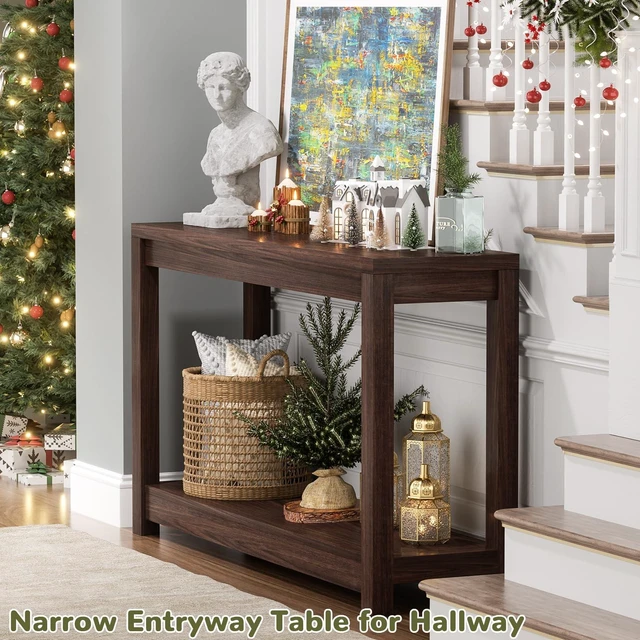 Alt view image 5 of 7 - Small Farmhouse Wood Entryway Table Narrow Console Table with Storage Behind Couch Sofa Table with Shelves Entry Way Tables with Open Storage, Easy Assembly, 32" Black Walnut