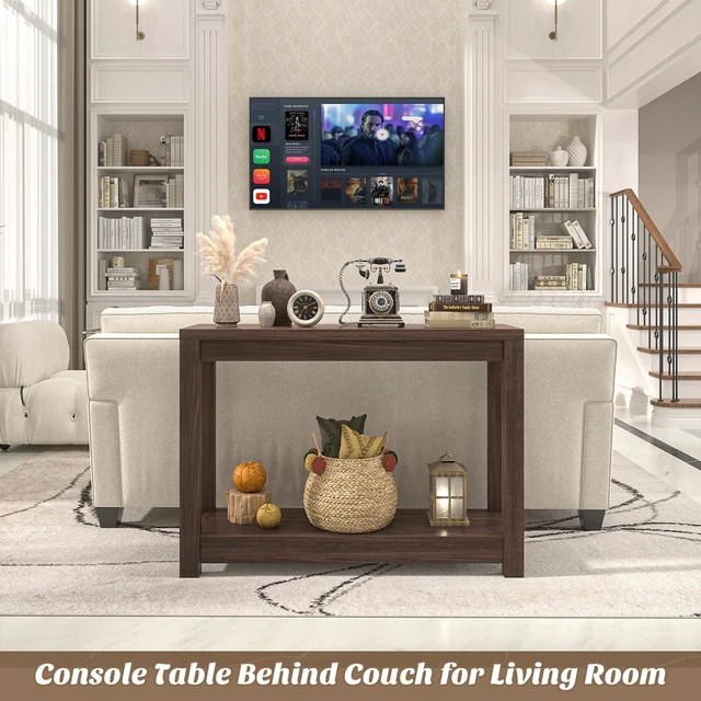 Alt view image 6 of 7 - Small Farmhouse Wood Entryway Table Narrow Console Table with Storage Behind Couch Sofa Table with Shelves Entry Way Tables with Open Storage, Easy Assembly, 32" Black Walnut