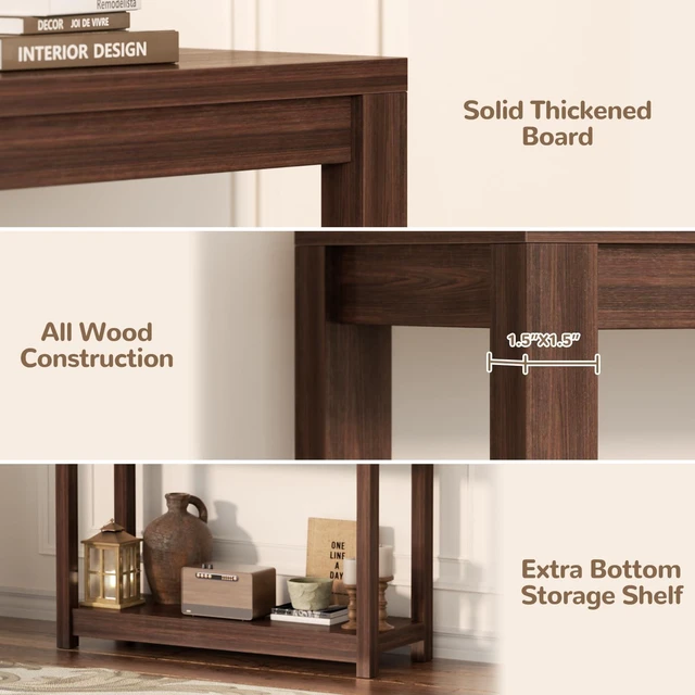Alt view image 4 of 7 - Small Farmhouse Wood Entryway Table Narrow Console Table with Storage Behind Couch Sofa Table with Shelves Entry Way Tables with Open Storage, Easy Assembly, 32" Black Walnut