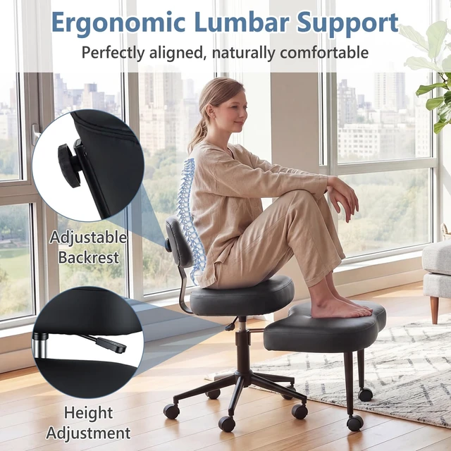 Alt view image 4 of 7 - ADHD Meditation Chair, Cross Legged Home Office Desk Chair | PU Leather Ergonomic Adjustable Height Backrest, 360° Swivel Footstool, Yoga Stool, Black