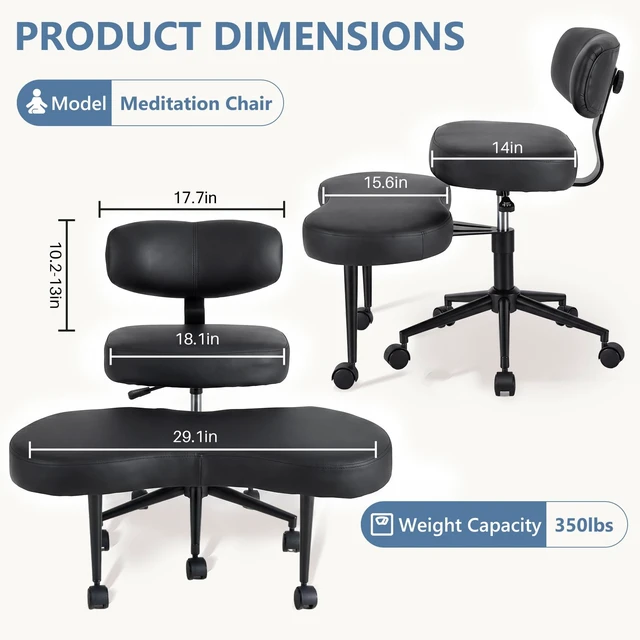 Alt view image 3 of 7 - ADHD Meditation Chair, Cross Legged Home Office Desk Chair | PU Leather Ergonomic Adjustable Height Backrest, 360° Swivel Footstool, Yoga Stool, Black