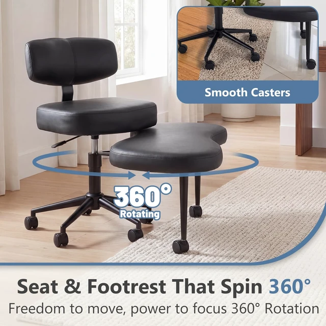 Alt view image 5 of 7 - ADHD Meditation Chair, Cross Legged Home Office Desk Chair | PU Leather Ergonomic Adjustable Height Backrest, 360° Swivel Footstool, Yoga Stool, Black