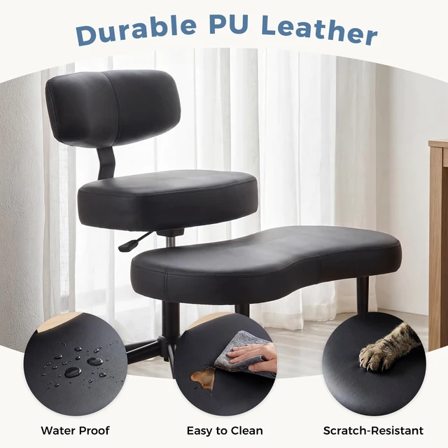Alt view image 6 of 7 - ADHD Meditation Chair, Cross Legged Home Office Desk Chair | PU Leather Ergonomic Adjustable Height Backrest, 360° Swivel Footstool, Yoga Stool, Black